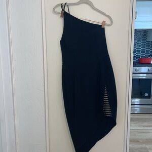 Xscape Black one shoulder Dress Asymmetrical with Mesh Accent | 8